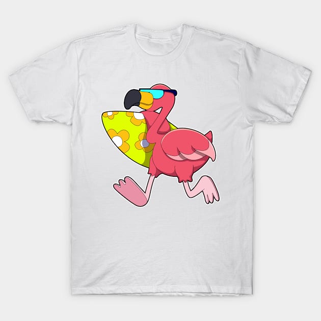 Flamingo as Surfer with Surfboard & Sunglasses T-Shirt by Markus Schnabel